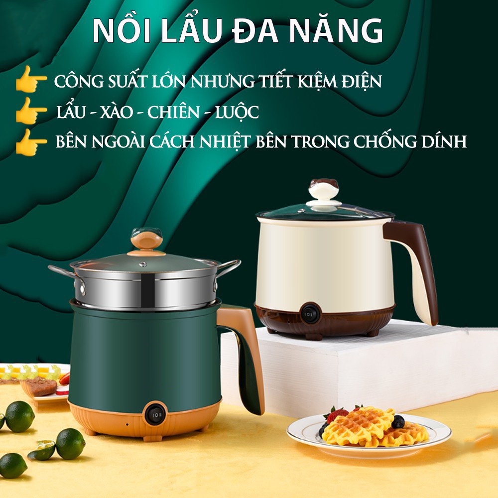Nồi Lẩu Mini Cầm Tay, Nồi Nấu Cơm, Nấu Mì Đa Năng kèm Giá Hấp Tiện Lợi (2 Tầng núm xoay)