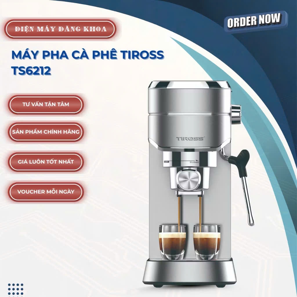 Máy pha cà phê TIROSS TS6212, 1450w, 2 cốc, Espresso, 15bar