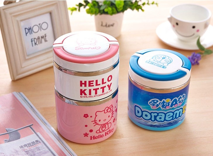Hộp Cơm Giữ Nhiệt 3 Tầng Hello Kitty Và Doremon