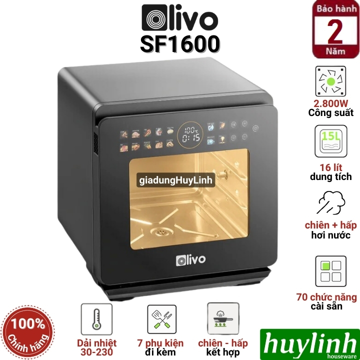 [Mới 2025] Nồi chiên không dầu - hấp hơi nước Olivo SF1600 - 16 lít - 70 menu