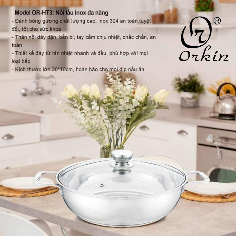 Nồi lẩu Inox cao cấp 3 đáy Orkin Thái Lan size 30cm OR-HT3