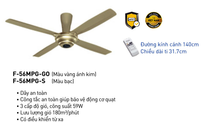 Quạt trần 4 cánh cao cấp Panasonic F-56MPG kèm điều khiển từ xa