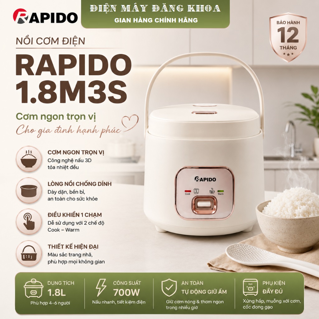 Nồi cơm điện lòng inox 1.8 Lít Rapido RC - 1.8M3S