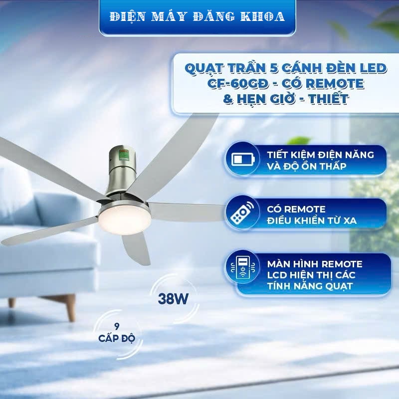 Quạt trần 5 cánh Phong Lan đèn Led CF-60GĐ