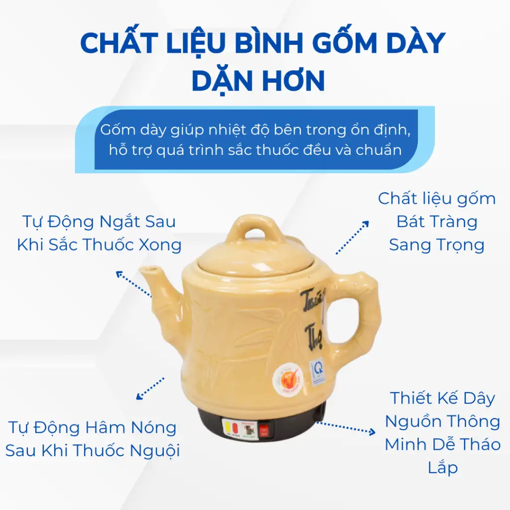 Ấm sắc thuốc Tự Động Trường Thọ BA-2086 Trùng Trúc Dung tích 3.2L Gốm Bát Tràng Cao Cấp