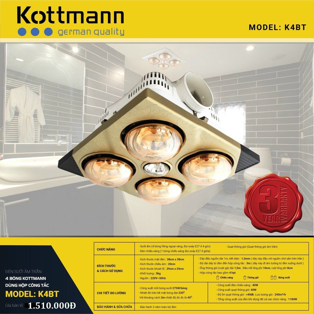 GIẢM 30%] KOTTMANN K1A/ ĐÈN SƯỞI ÂM TRẦN KOTTMANN K4BT - Hàng chính hãng | ĐIỆN MÁY TÂY HỒ