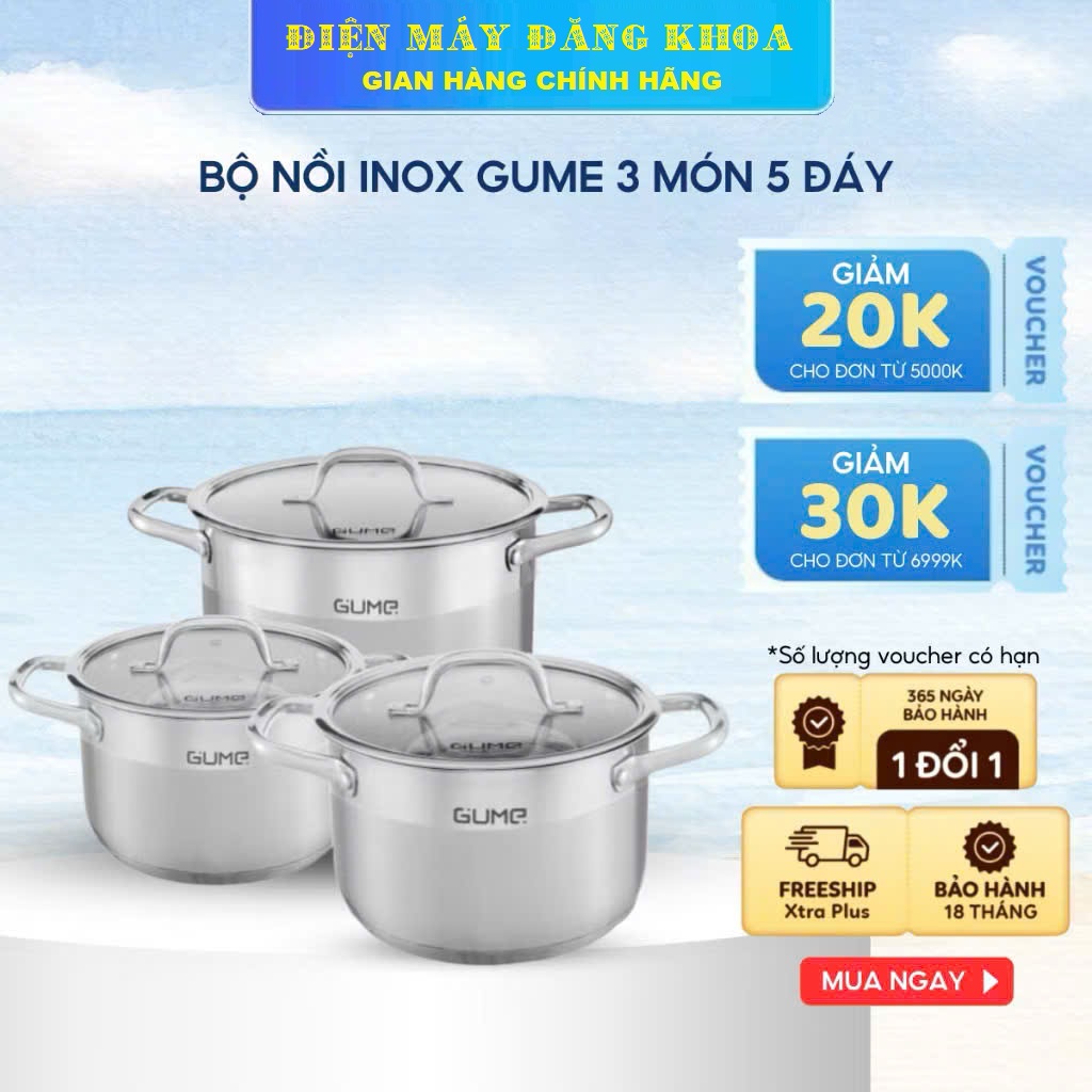 Bộ 3 nồi Inox 304 đáy 5 lớp Gume Hàn Quốc GMP19 size 18,20,28cm