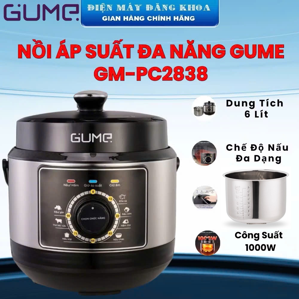 Nồi áp suất điện đa năng ruột inox Gume Hàn Quốc GM-PC2838 dung tích 6L tặng vung nồi