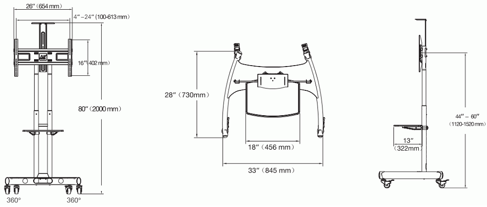 Hình ảnh thông số kỹ thuật tương ứng của khung treo tivi di động AVA1500