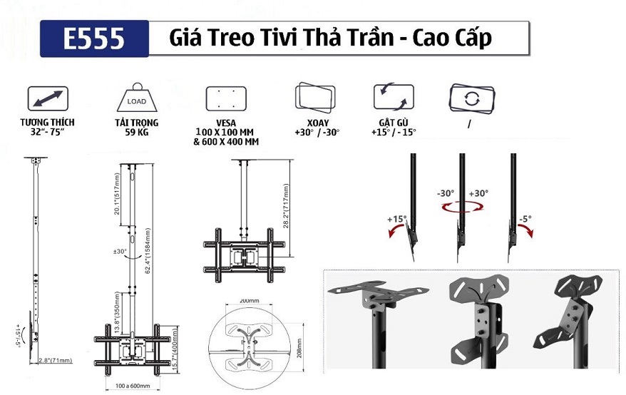 Giá treo tivi thả trần ErgoTek E555 32 - 75 inch cao cấp Thông số kỹ thuật của Giá treo tivi thả trần ErgoTek E555 32 - 75 inch cao cấp