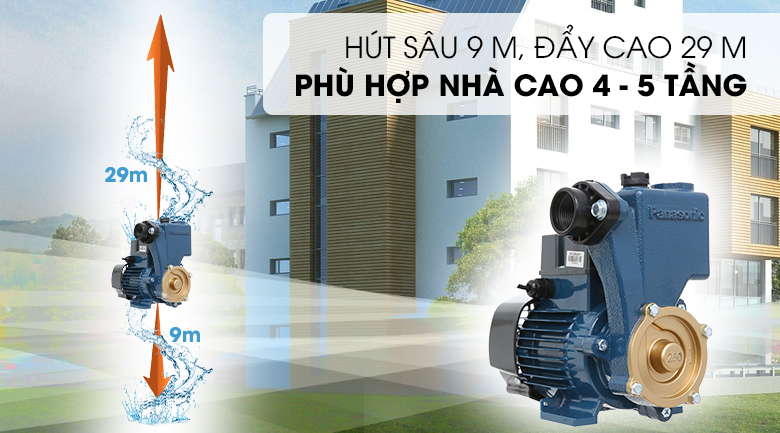 Máy bơm nước đẩy cao Panasonic GP-250JXK-SV5 250W - Hút sâu tối đa 9 mét và cấp nước lên độ cao tối đa đến 38 mét