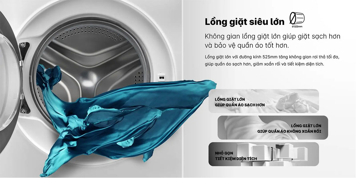 Máy giặt AQUA Inverter 8.5 Kg AQD-A852J.BK được trang bị lồng giặt lớn 525mm