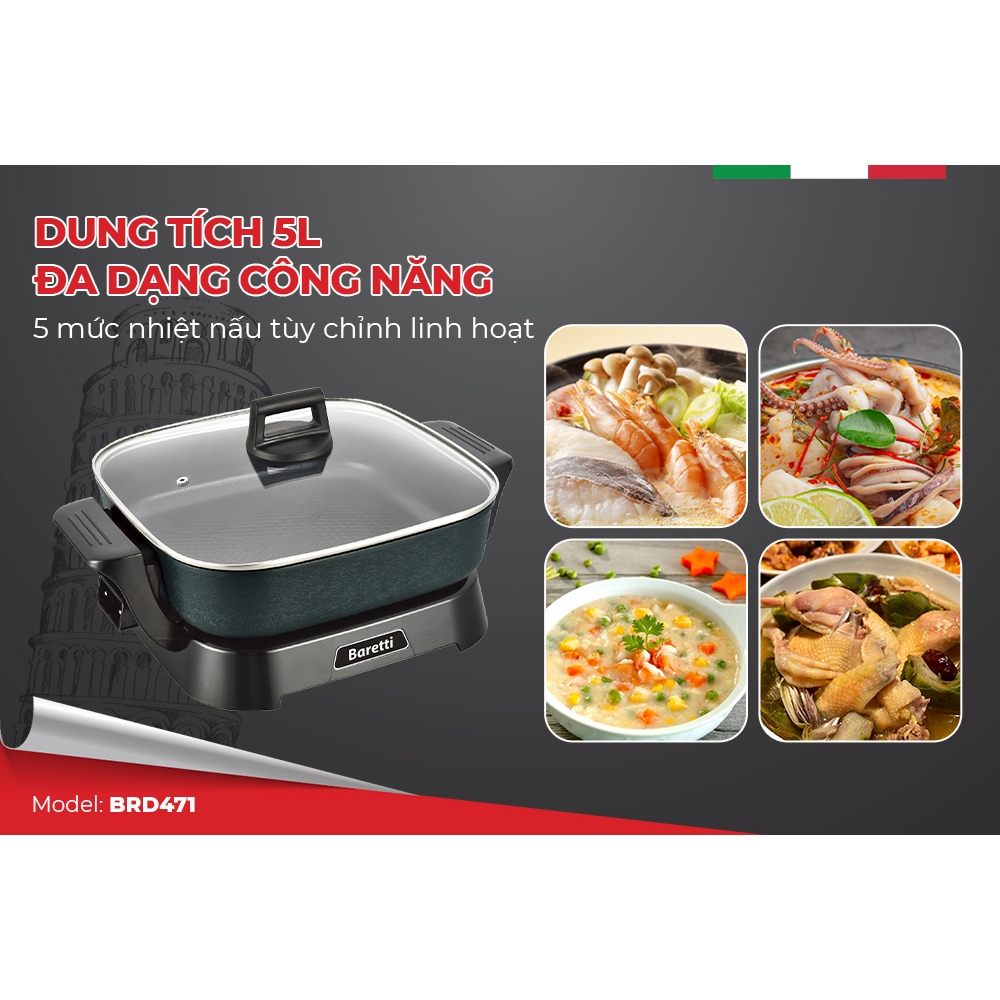 Nồi lẩu điện 5L Baretti BRD471 Nồi Lẩu Điện Chất Liệu Nhôm Sơn Chịu Nhiệt Nồi Lẩu Điện Thiết Kế Hiện Đại Sang Trọng Nồi Lẩu Điện Công Suất Mạnh Mẽ -