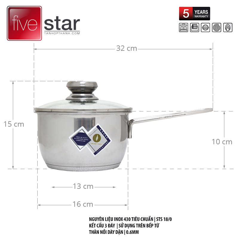 Quánh bột Inox 3 đáy Fivestar FSQ16001 size 16cm nắp kinh