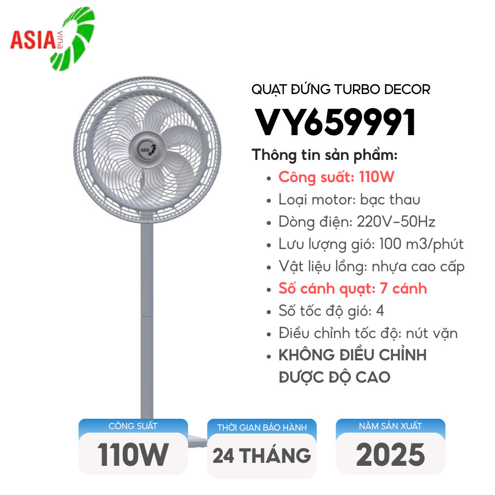 Quạt đứng Asiavina Turbo Decor VY659991 công suất 110W