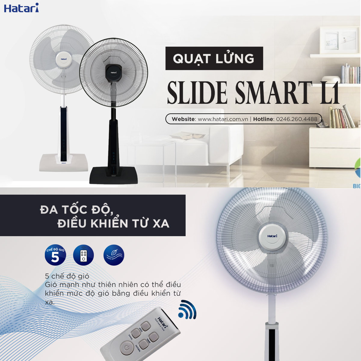Quạt lửng Thái lan Hatari Slide Smart L1 có khiển