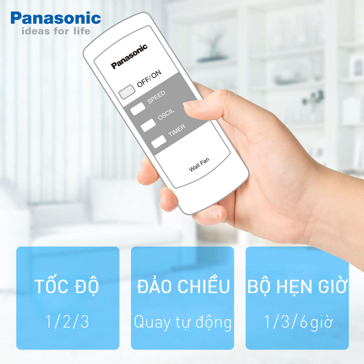 Quạt treo tường Panasonic F‑409M có khiển, xuất xứ Malaysia, bảo hành 12 tháng