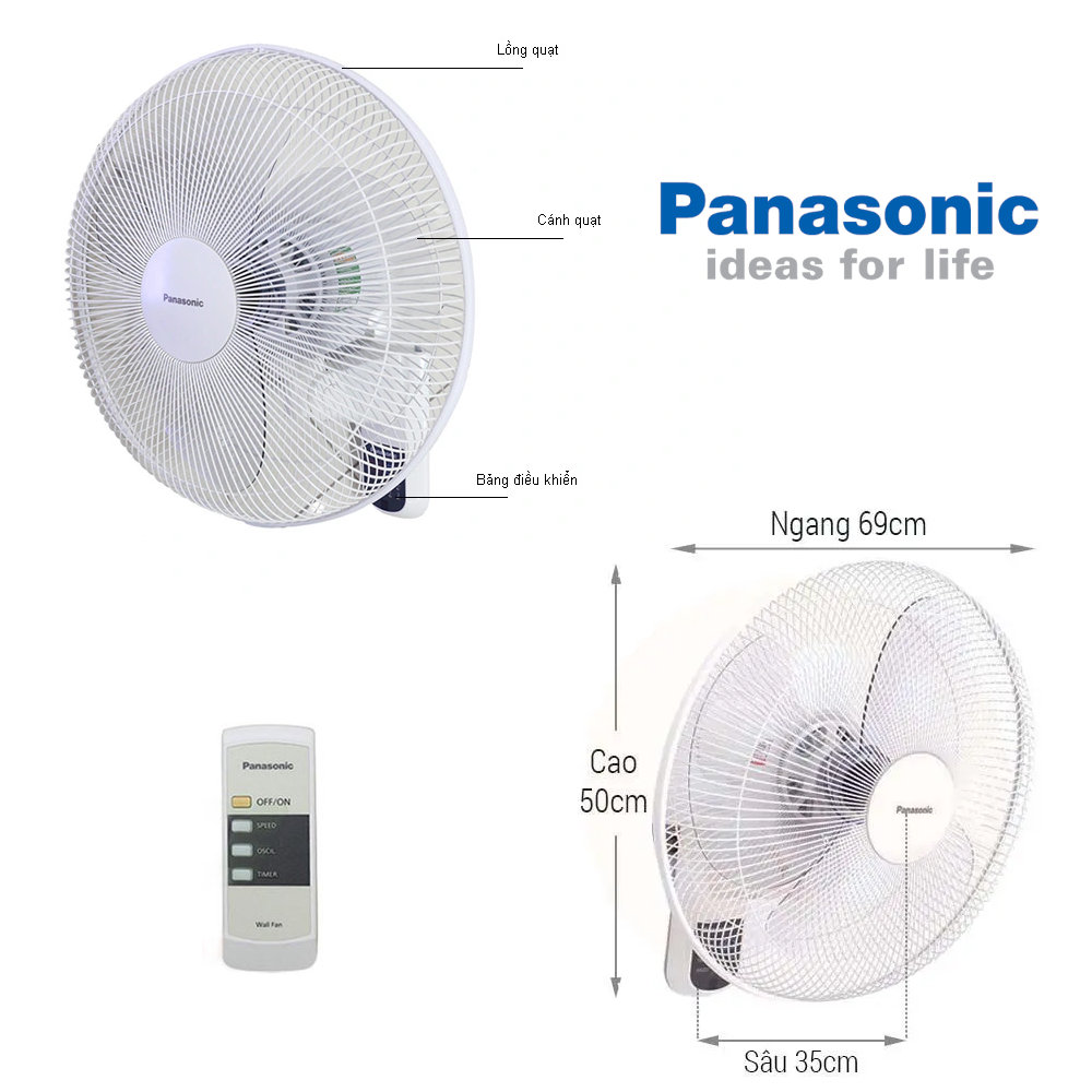Quạt treo tường Panasonic F‑409M có khiển, xuất xứ Malaysia, bảo hành 12 tháng