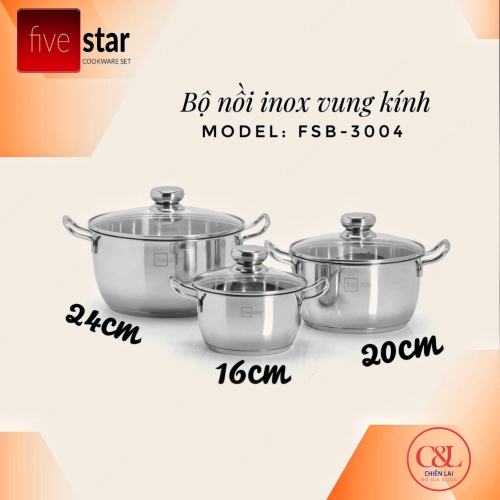 Bộ nồi 3 Inox 3 đáy vung kính FIVESTAR