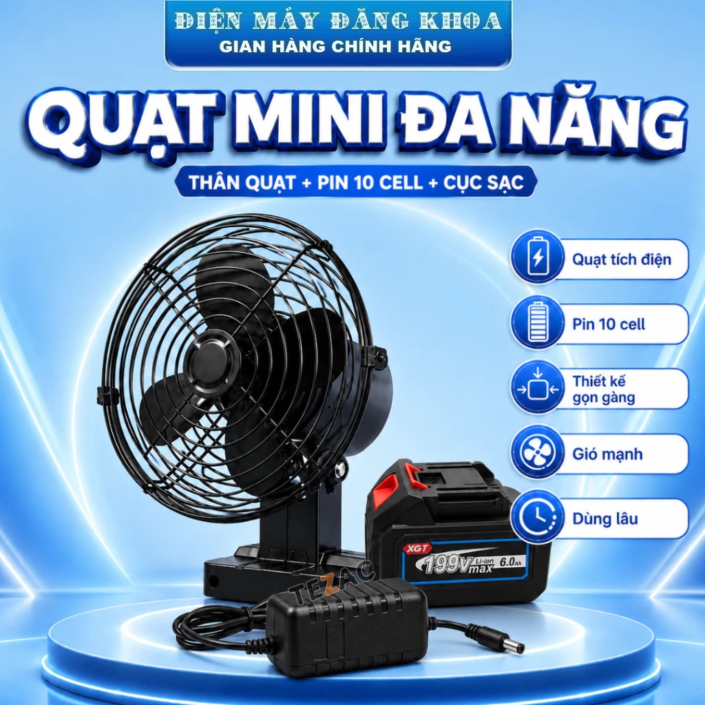Quạt tích điện để bàn dùng pin máy khoan 10 Cell