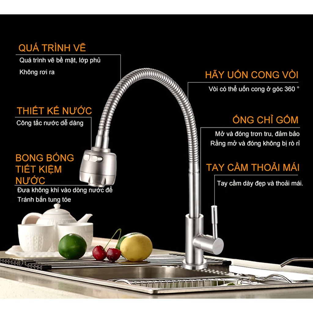 Product image Vòi rửa chén bát 1 đường nước lạnh inox 304 trắng mờ cần mềm xoay 360 độ, 2chế độ xả nước - Cắm chậu 2
