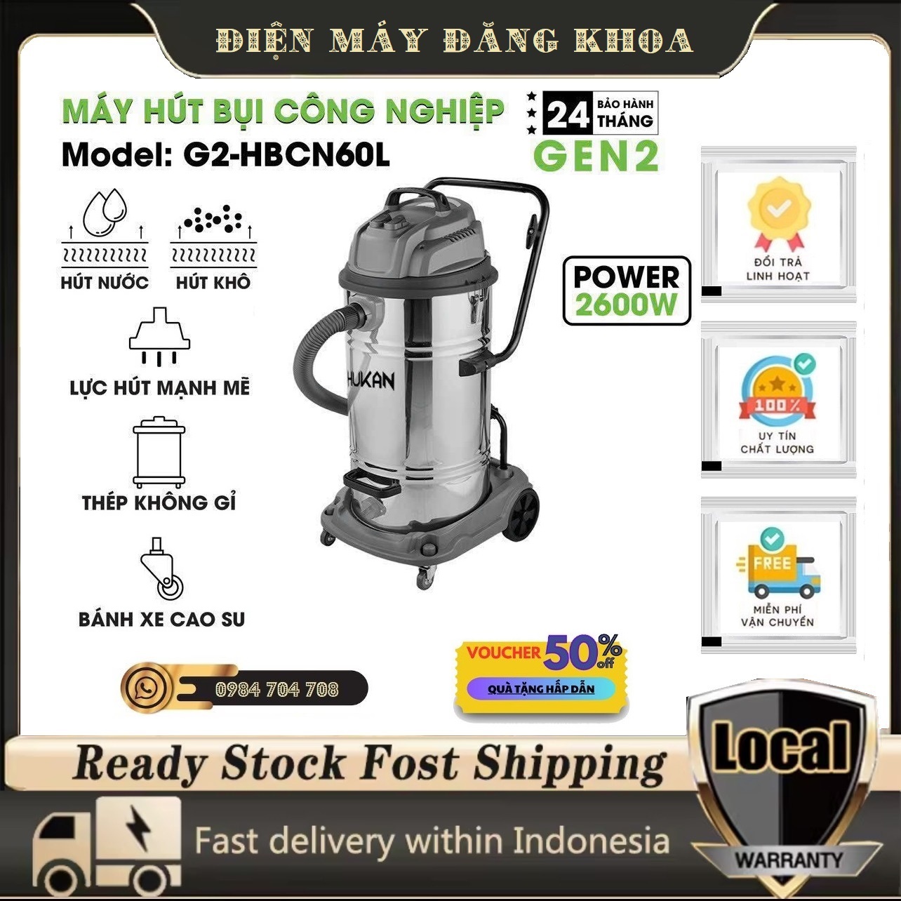 Máy Hút Bụi Công Nghiệp Hukan Gen2 G2-HBCN60L Dung Tích 60 Lít