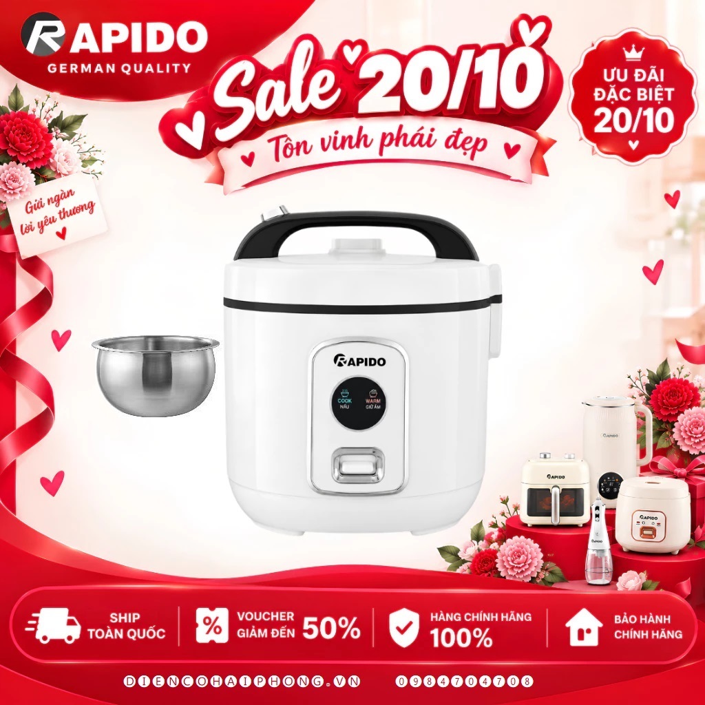 Nồi cơm điện lòng inox 1.8 Lít Rapido RC - 1.8M2S