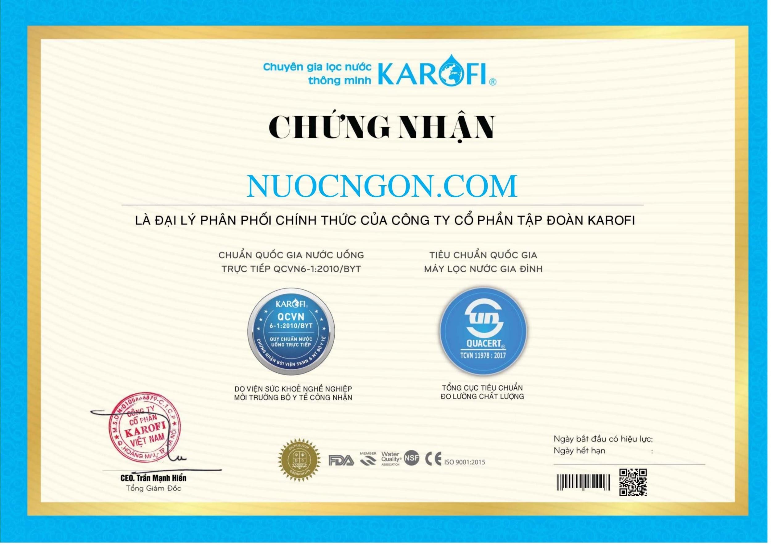 Giấy chứng nhận đại lý chính hãng của Karofi