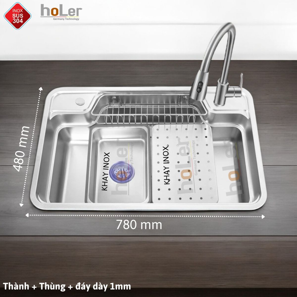 Chậu Rửa Chén 1 Hộc Inox 304 Holer HLCR735-7848D