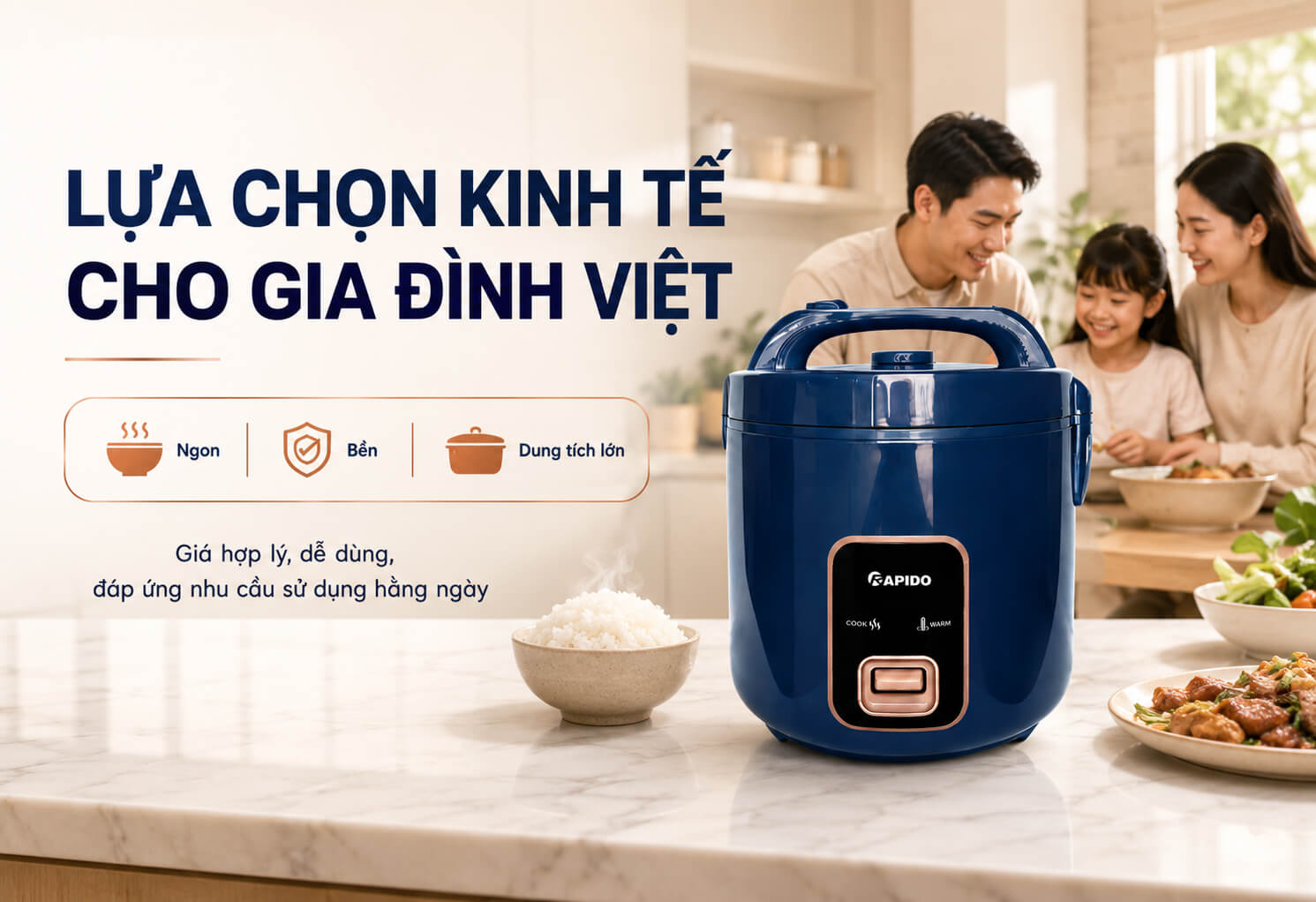 Nồi cơm điện cơ rapido rc-3. 0m 3l 1000w 9 Nồi cơm điện cơ Rapido RC-3.0M 3L 1000W Thiết kế màu Xanh Navy hiện đại giúp không gian bếp thêm sang trọng