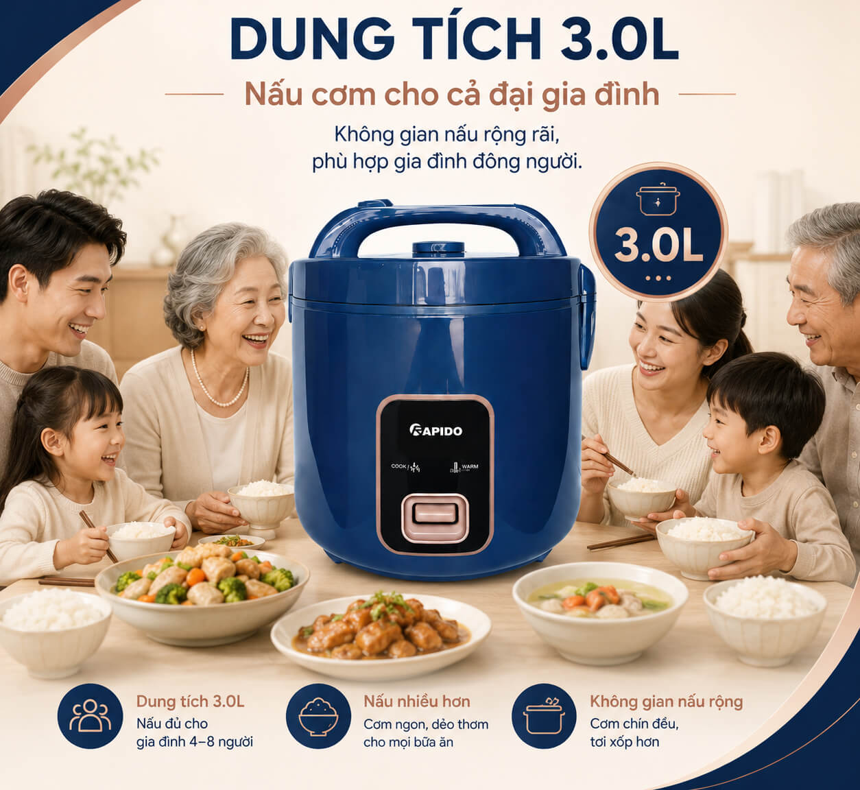 Nồi cơm điện cơ rapido rc-3. 0m 3l 1000w 10 Nồi cơm điện cơ Rapido RC-3.0M 3L 1000W dung tích 3lit phù hợp gia đình đông người