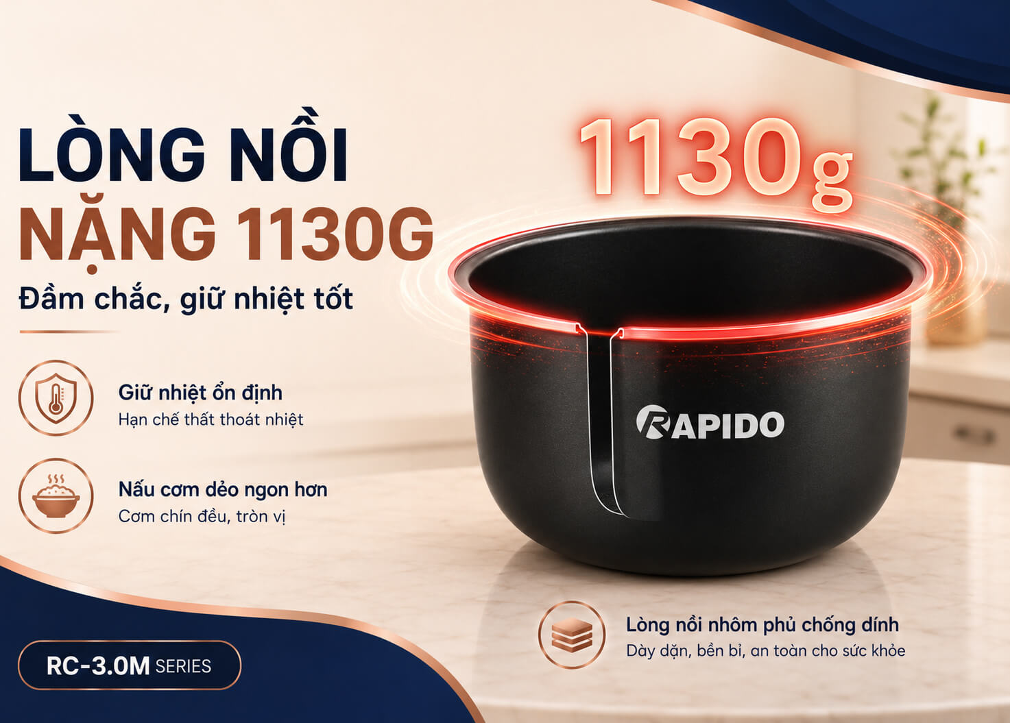 Nồi cơm điện cơ rapido rc-3. 0m 3l 1000w 11 Nồi cơm điện cơ Rapido RC-3.0M 3L 1000W Lòng nồi nhôm dày phủ chống dính giúp cơm chín ngon hơn