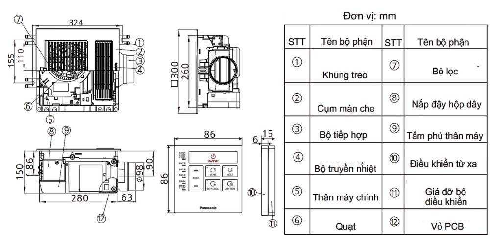 Bản vẽ kĩ thuật của quạt hút sưởi Panasonic FV-30BY1