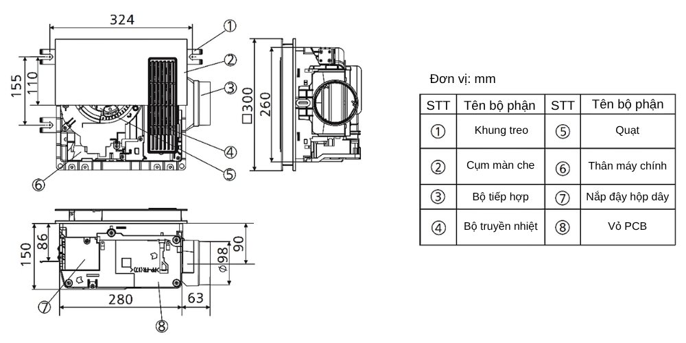 Kích thước lắp đặt quạt hút sưởi Panasonic FV-30BZ1