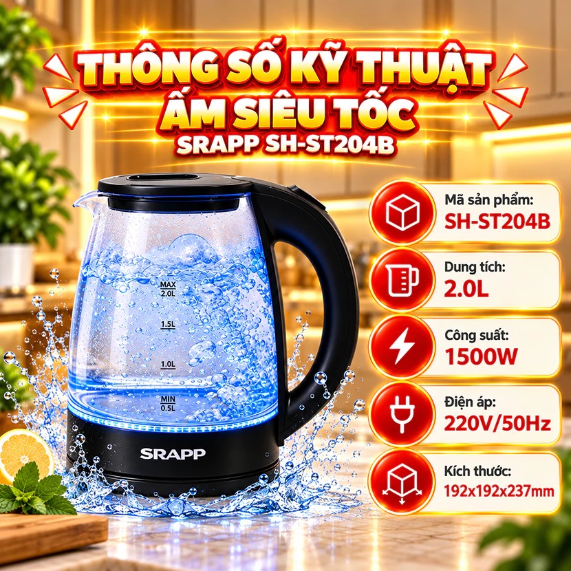 Ấm siêu tốc thủy tinh SRAPP SH-ST204