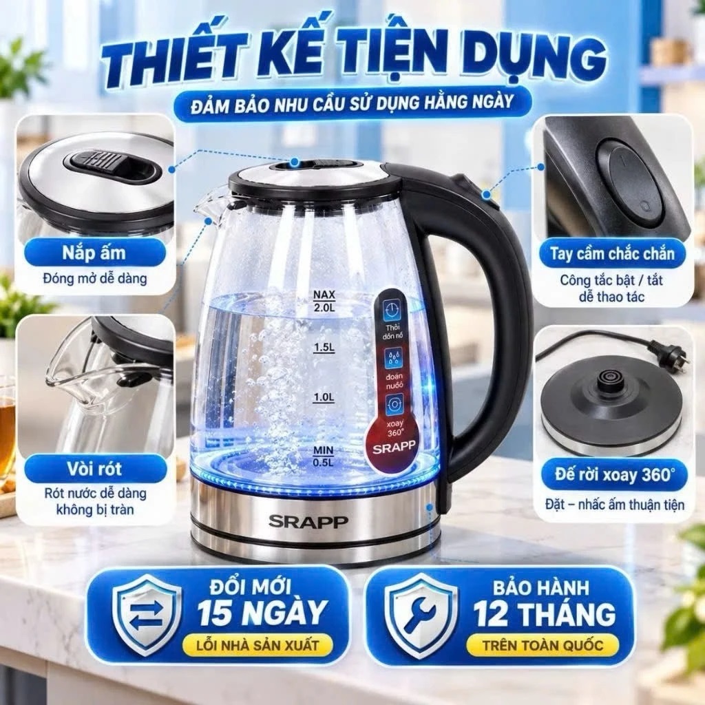 Ấm Siêu Tốc Thủy Tinh SRAPP ST204A Dung Tích 2L